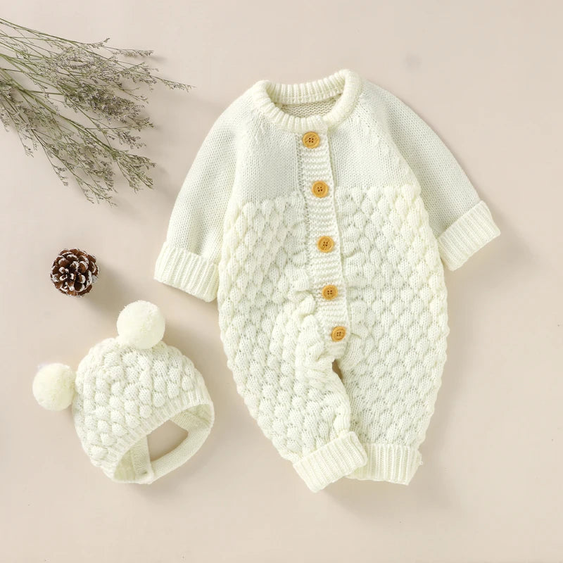 Baby Bubble knitted romper and cap set in cozy autumn/winter style, featuring soft, warm knit fabric for infants.
