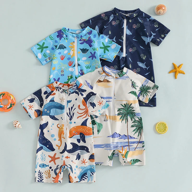 Baby Bubble shark print long sleeve rash guard for babies with zip-up front, lightweight sun protection, and comfortable fit.