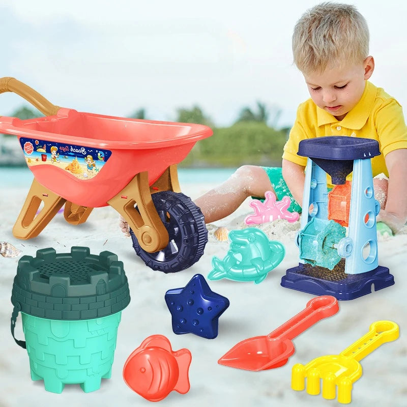 Kids Beach Sand Play Set with bucket and shovel from Baby Bubble, showing colorful plastic sand toys for outdoor play.