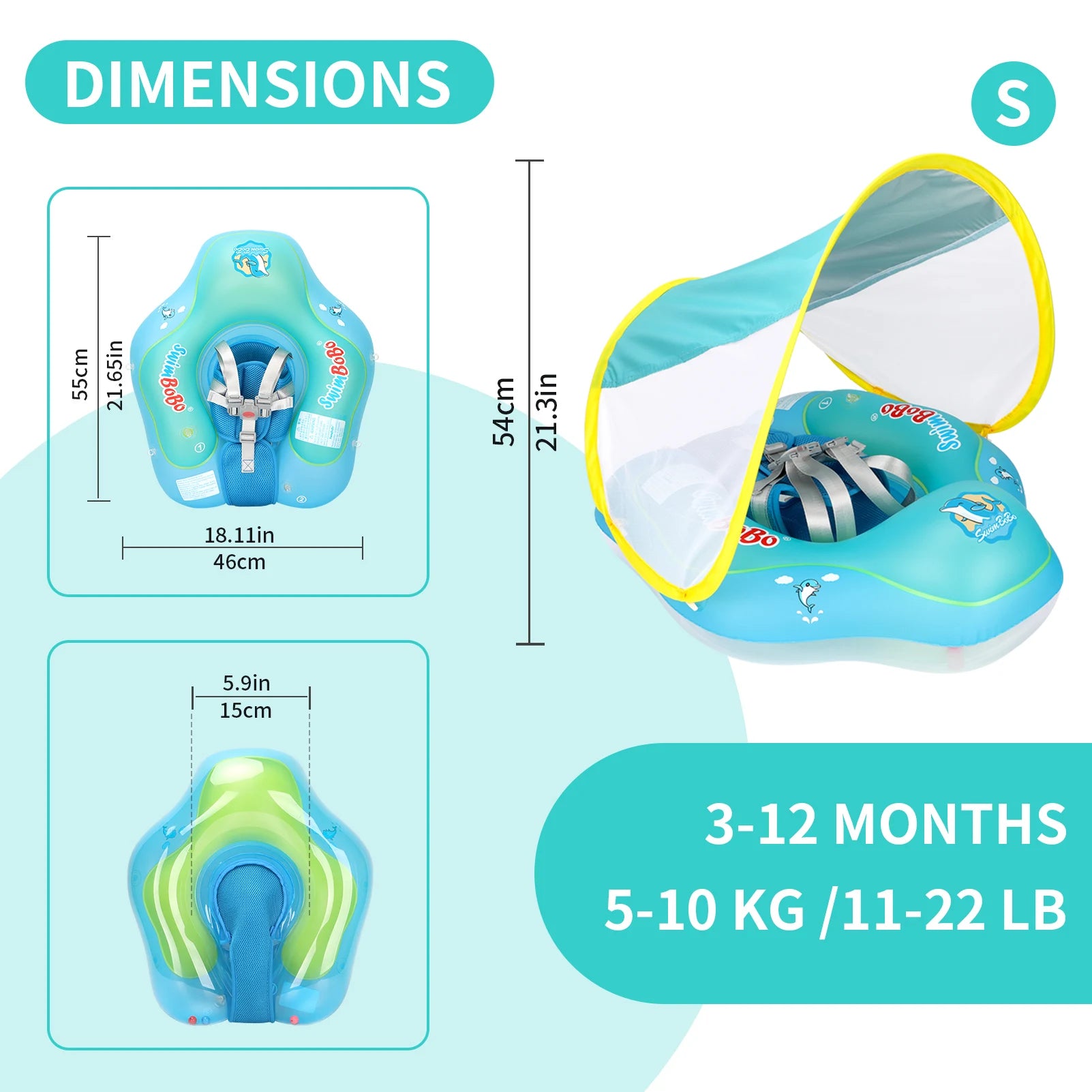 Baby Bubble baby float ring with canopy, UV sun protection, featuring bright colors and a secure adjustable design for safe swimming.