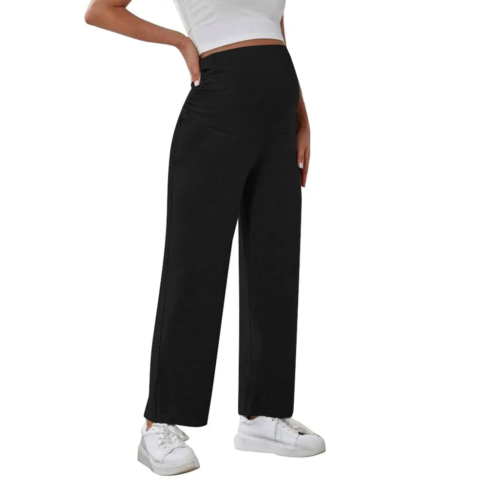 Maternity wide leg pants by Baby Bubble with over-belly design, soft fabric, and relaxed fit for comfortable pregnancy wear.