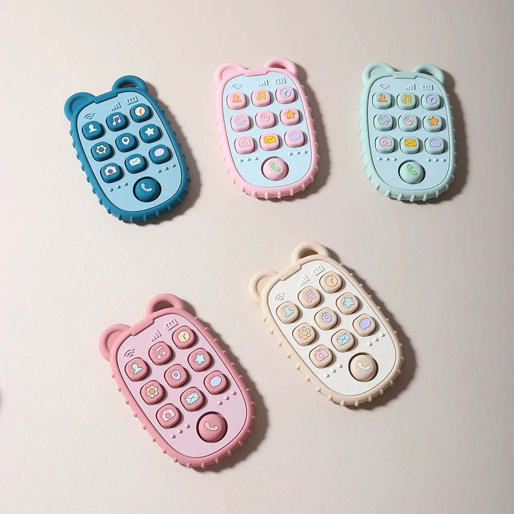 Baby Bubble baby phone shape teether made of colorful silicone, designed for chewing and soothing for infants.