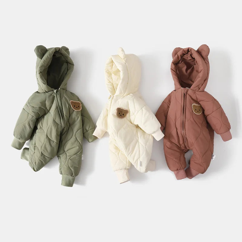 Baby Bubble cartoon bear baby winter romper, cozy jumpsuit with bear print, ideal for cold weather baby wear.
