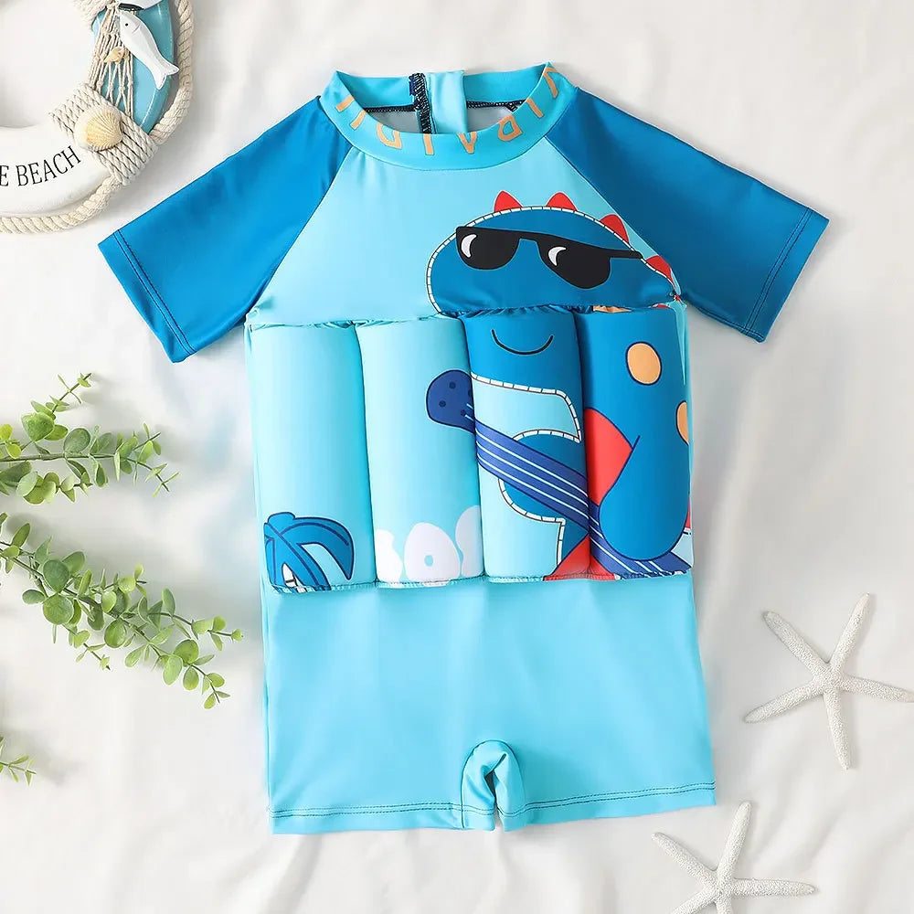 Children's buoyancy swimsuit by Baby Bubble with colorful cartoon print, designed for safety and fun in the water.