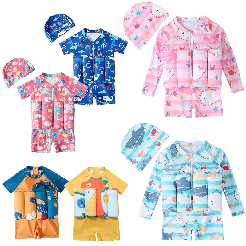 Kids buoyancy swimsuit by Baby Bubble featuring colorful cartoon float design, designed for safe swimming and water play.