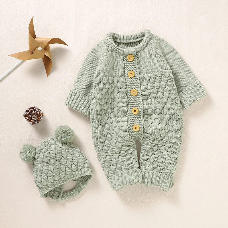 Baby Bubble knitted romper and cap set in cozy autumn/winter style, featuring soft, warm knit fabric for infants.