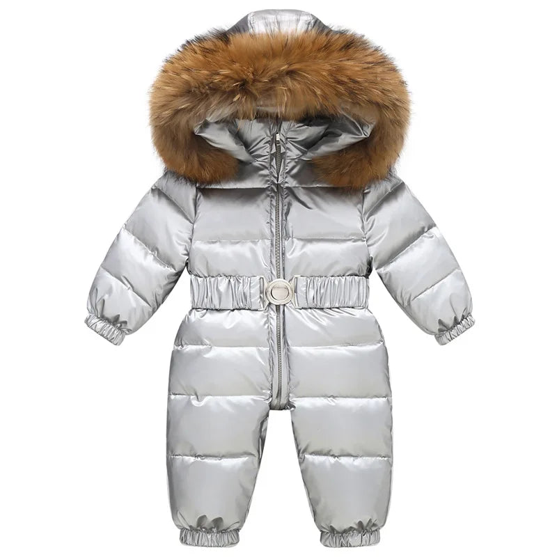 Kids' waterproof down snowsuit by Baby Bubble, insulated winter outerwear with hood, designed for warmth and protection in snowy weather.