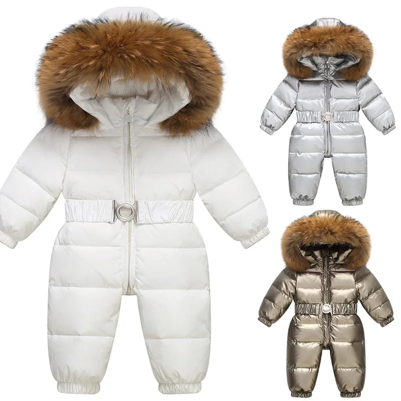 Kids winter waterproof down snowsuit by Baby Bubble, featuring insulated, padded design with a hood and snow-resistant fabric.