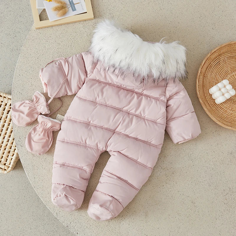 Baby Bubble hooded puffer snowsuit for babies, featuring a warm winter design and cozy insulation for cold weather.