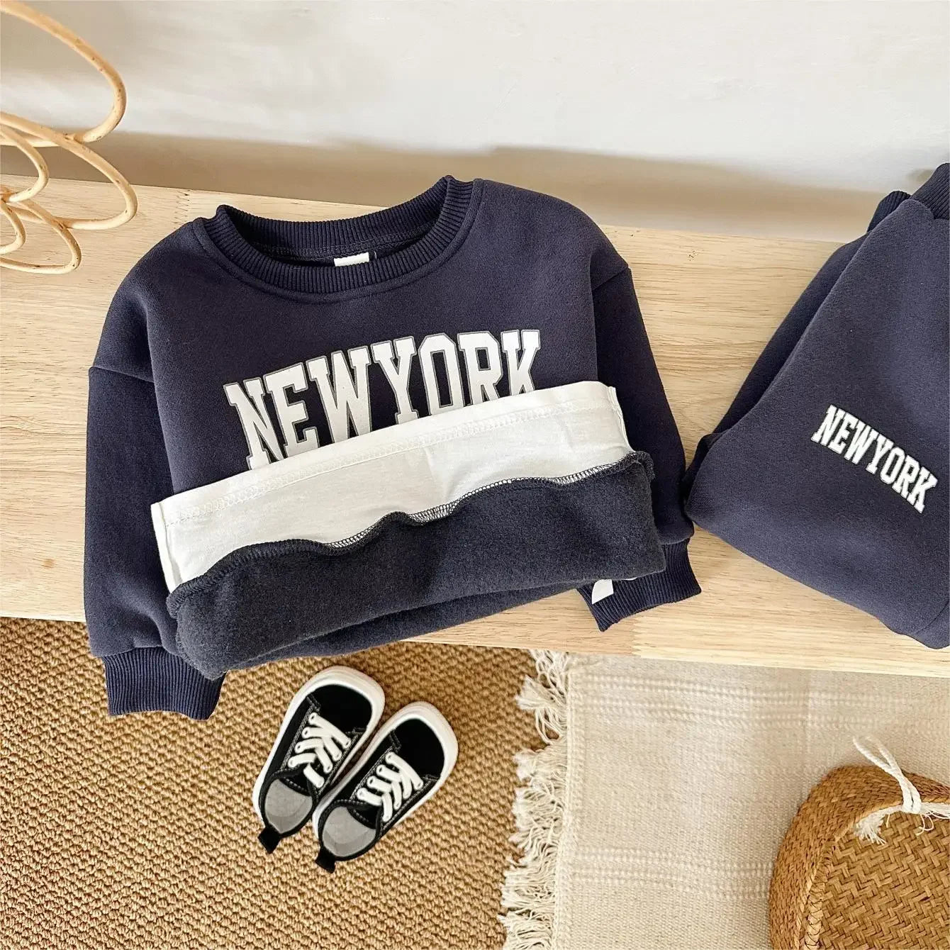 Baby Bubble baby winter outfit with a New York print top and matching pants, cozy and stylish for cold weather.