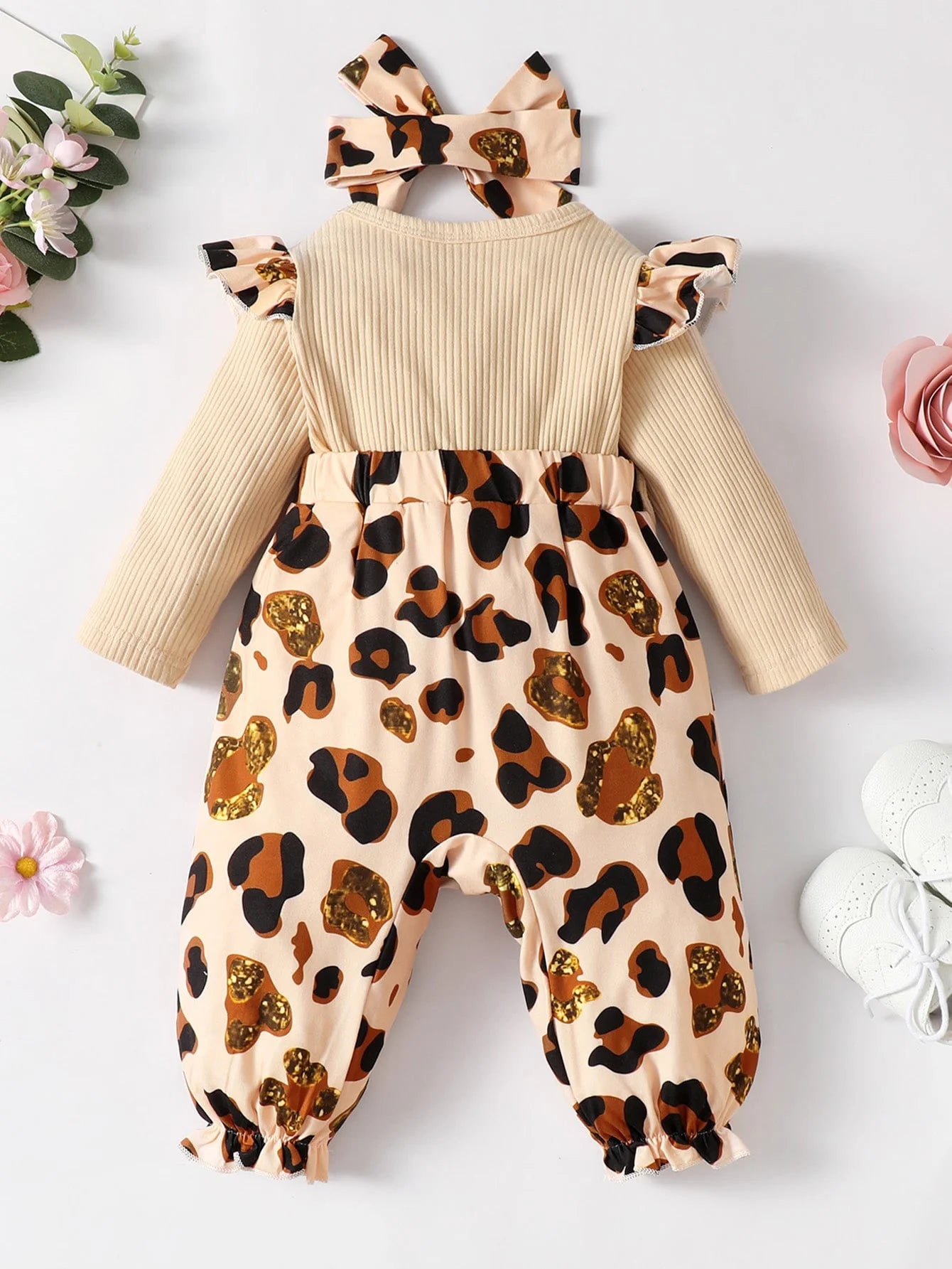 Baby Girl Leopard Jumpsuit Set by Baby Bubble featuring ruffle trim and matching headband, displayed on a neutral background.