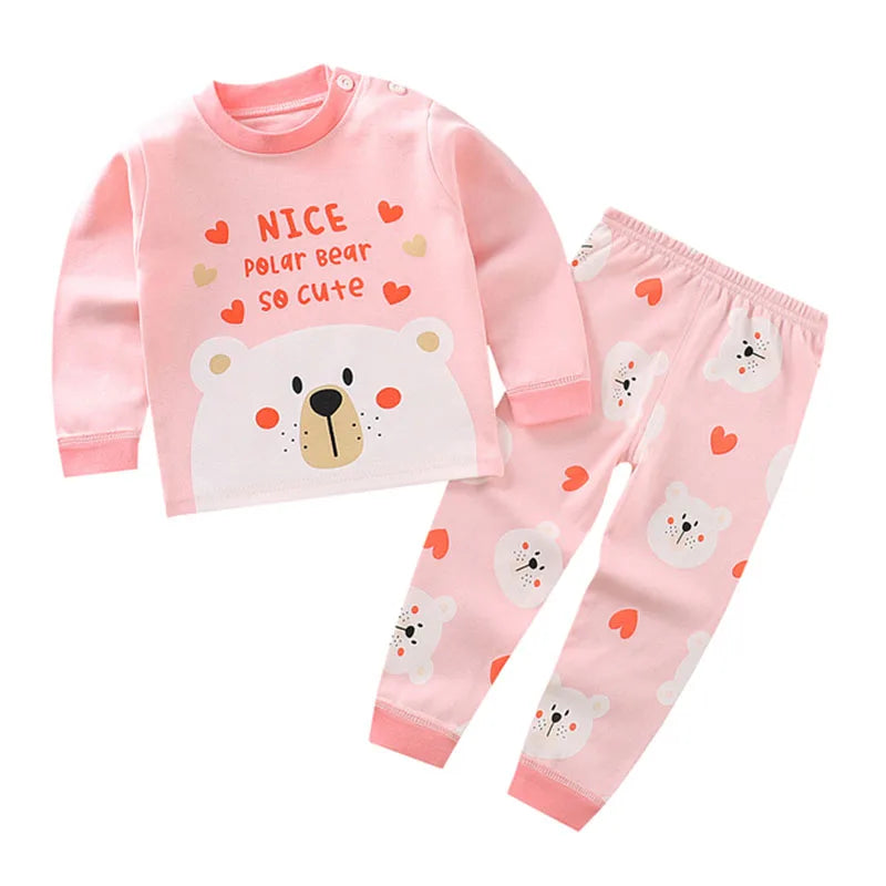 Children's kids clothing set by Baby Bubble featuring boys and girls pajamas with cartoon print, ideal for autumn and winter sleepwear.