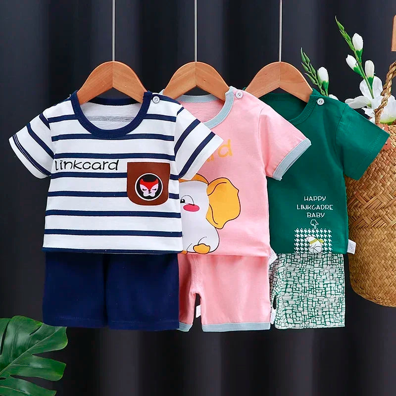 Baby Bubble cartoon print contrast T-shirt and shorts set, featuring colorful playful designs for kids.