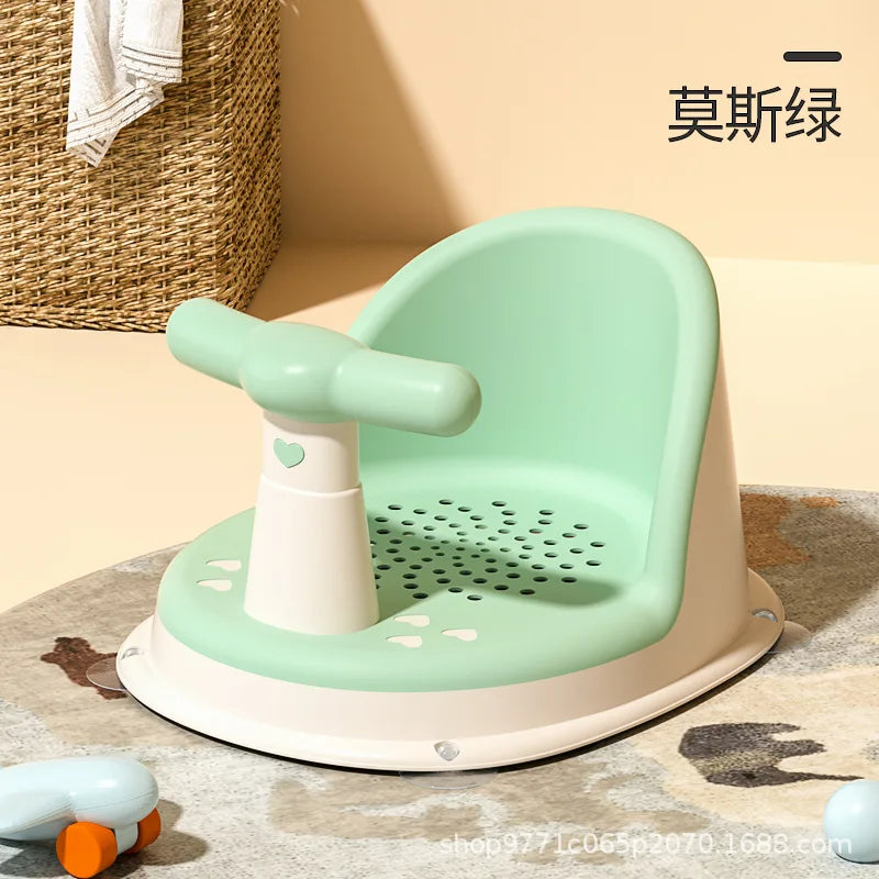 Portable Baby Shower Seat and Adjustable Bath Stand by Baby Bubble, with cushioned support and adjustable height for bathing infants.