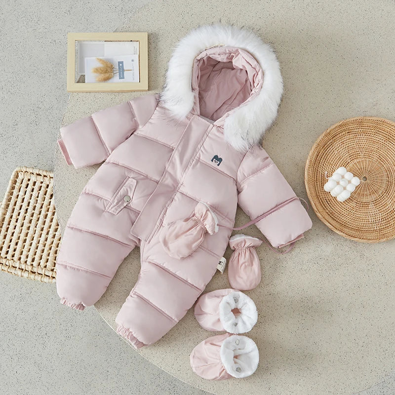 Baby Bubble baby winter snowsuit, hooded puffer jumpsuit with insulated padding, designed for warmth and comfort in cold weather.