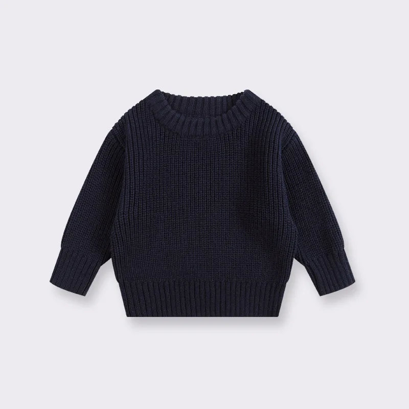 Baby Bubble CLO baby knit pullover sweater, soft and cozy for infants, featuring a cute knit pattern and ribbed cuffs.