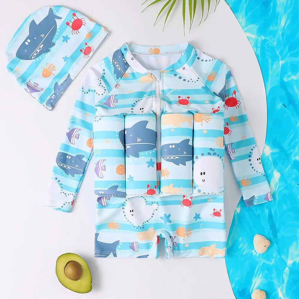 Children's buoyancy swimsuit by Baby Bubble featuring colorful cartoon print, designed for safety and fun in the water.
