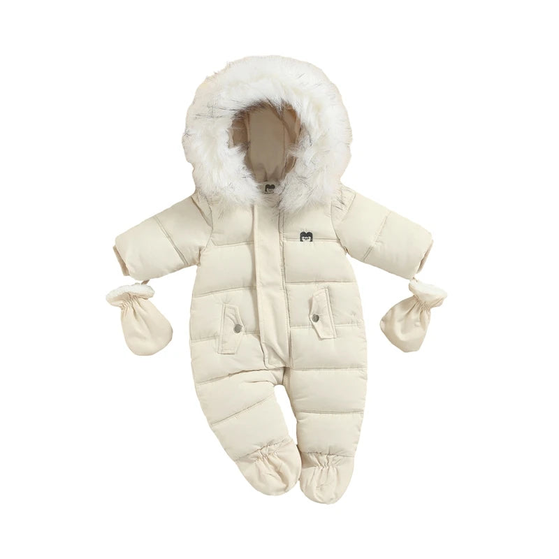 Baby Bubble hooded puffer snowsuit for babies, winter baby jumpsuit with warm insulation and cozy hood for cold weather.