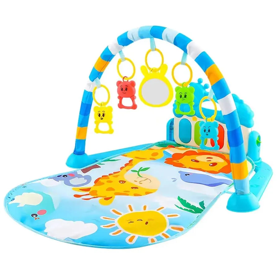 Baby Bubble Baby Piano Gym Play Mat with colorful musical toys for crawling and kicking fun, soft padded activity mat for infants.