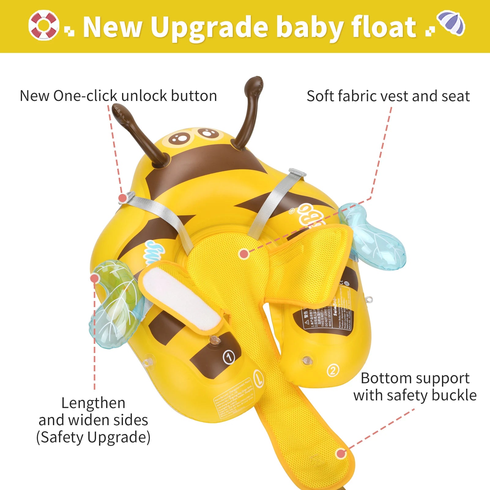 Baby Bubble Baby Bee Float Ring with inflatable mesh safety seat, designed for infants to float comfortably in the water.