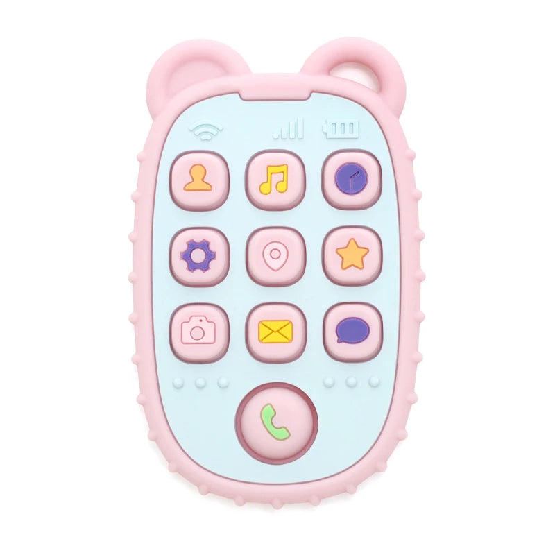 Baby Bubble baby phone-shaped teether made of colorful silicone, designed for soothing and chewing comfort for infants.
