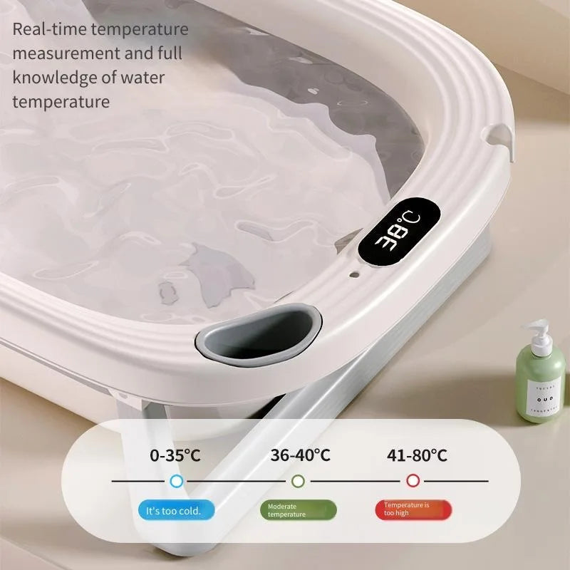 Foldable Baby Bath Tub with temperature sensor by Baby Bubble, showing the compact design and temperature monitor in the image.
