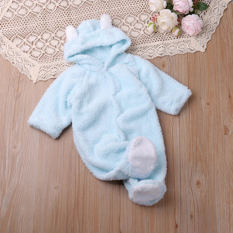 Baby Bubble cartoon bear romper, cozy autumn playsuit for infants, soft fabric with bear design, perfect for fall comfort.