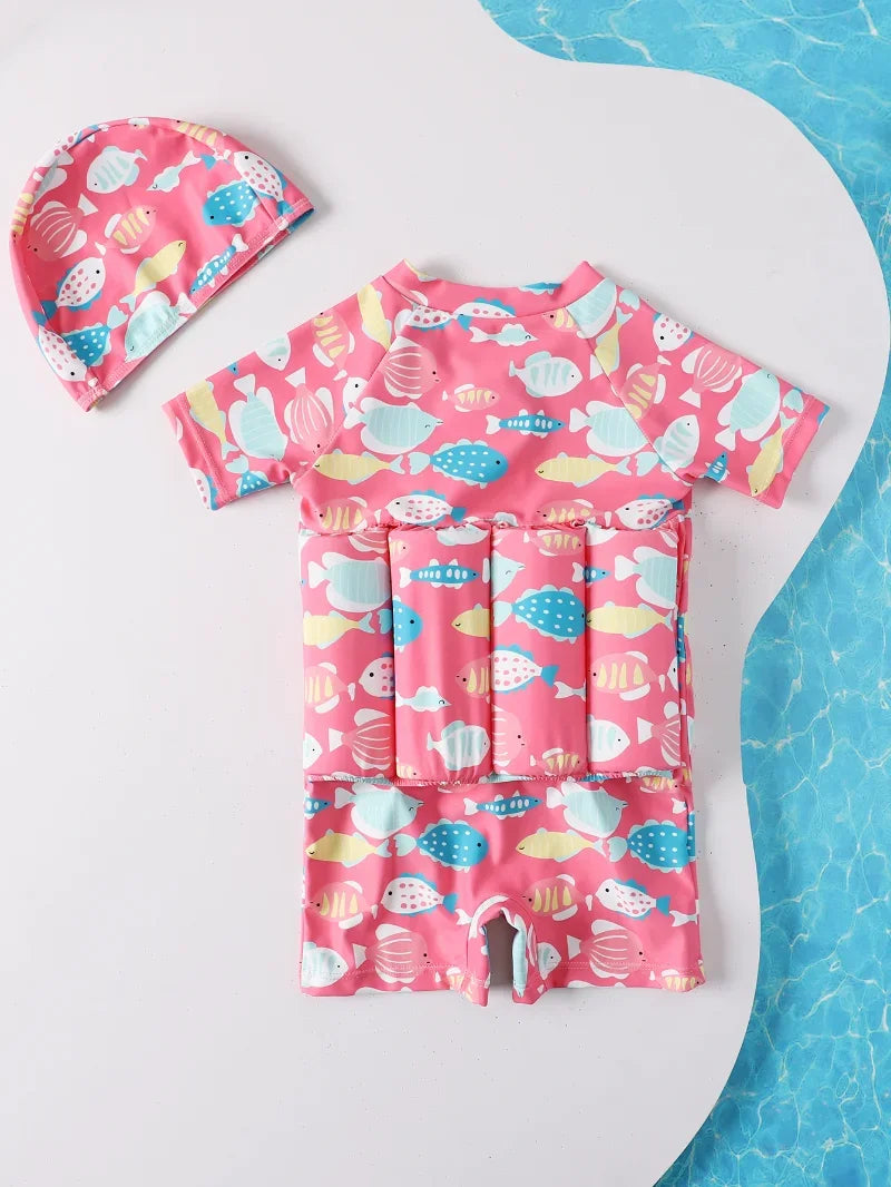 Kids buoyancy swimsuit with cartoon float design, safe swimwear for children, featuring colorful, child-friendly graphics from Baby Bubble.