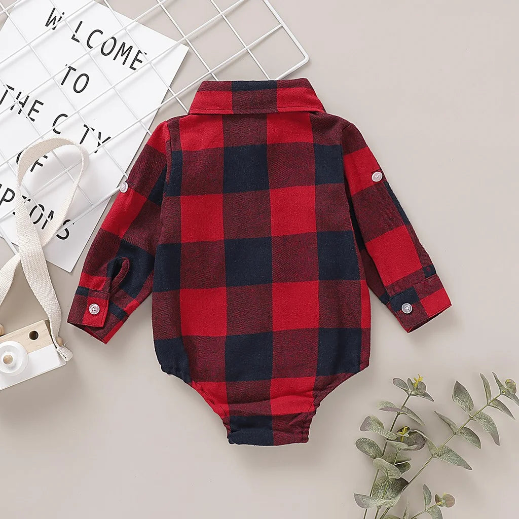 Baby Bubble newborn boy bodysuit with plaid long sleeve lapel shirt romper, stylish jumpsuit for toddlers, 0-18 months.