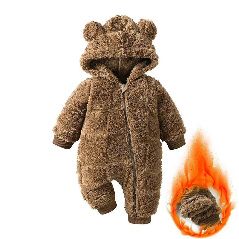 Baby Bubble velvet hooded romper with cartoon print, cozy and warm for infants, soft fabric and adorable design.