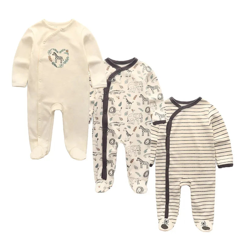 Baby Bubble cozy autumn cotton newborn rompers in a 3-pack, soft and comfortable baby boy and girl rompers for everyday wear.