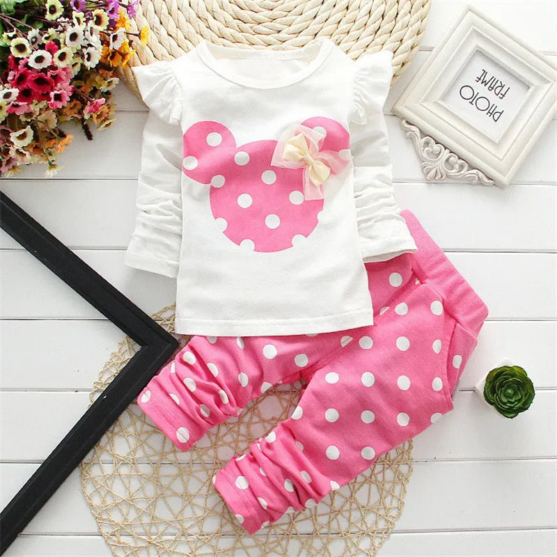 Cute toddler girl cartoon long sleeve T-shirt and pants set by Baby Bubble, featuring a colorful, comfortable cotton baby jacket and pants.