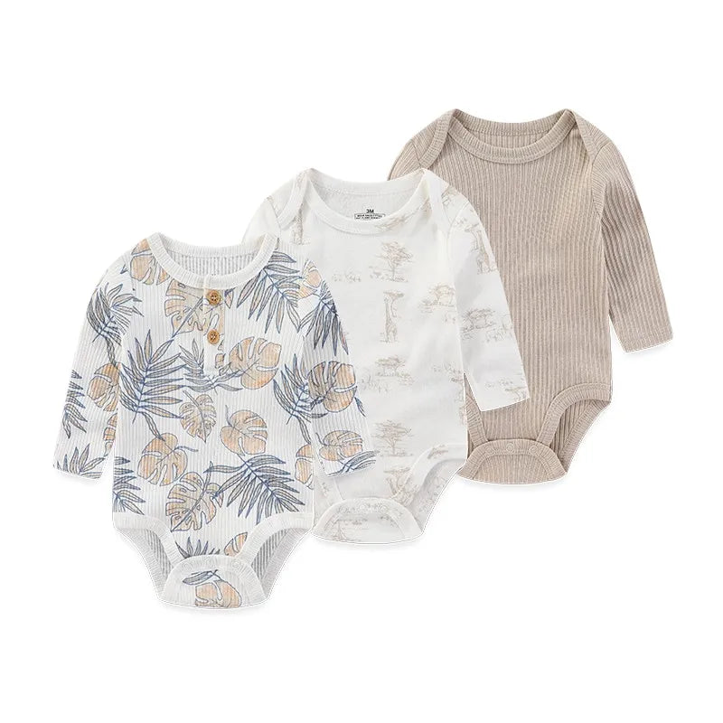 Baby Bubble newborn cotton bodysuits, soft everyday onesies, displayed in a 3-pack with colorful fabric and snap closures.
