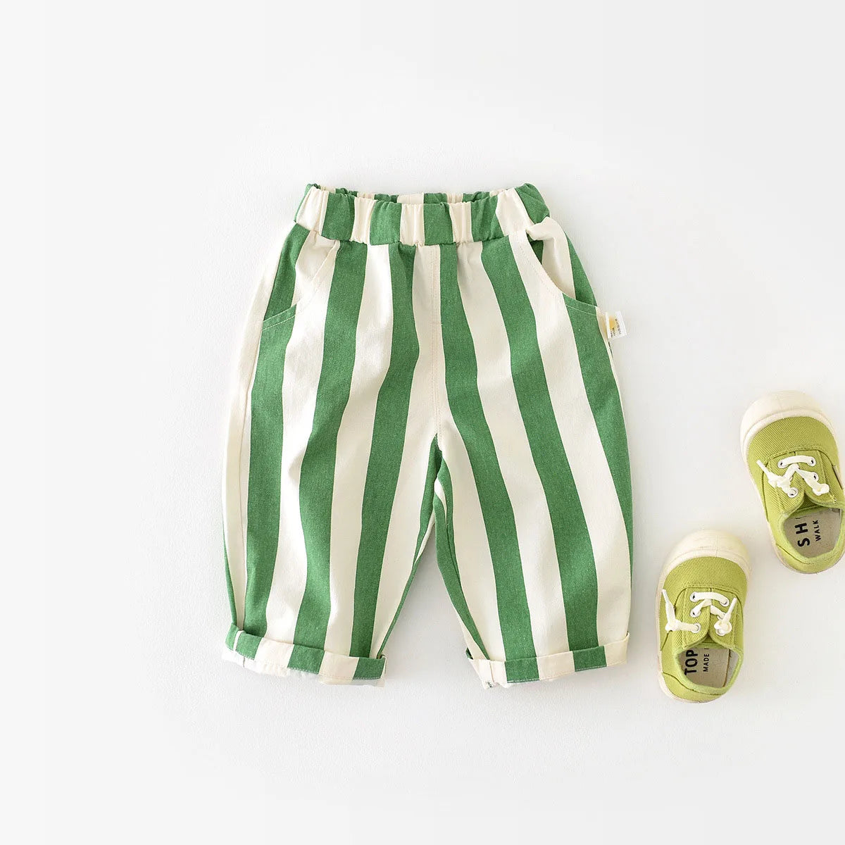 Korean style casual stripe pants by Baby Bubble, featuring comfortable fabric and stylish vertical stripe pattern.