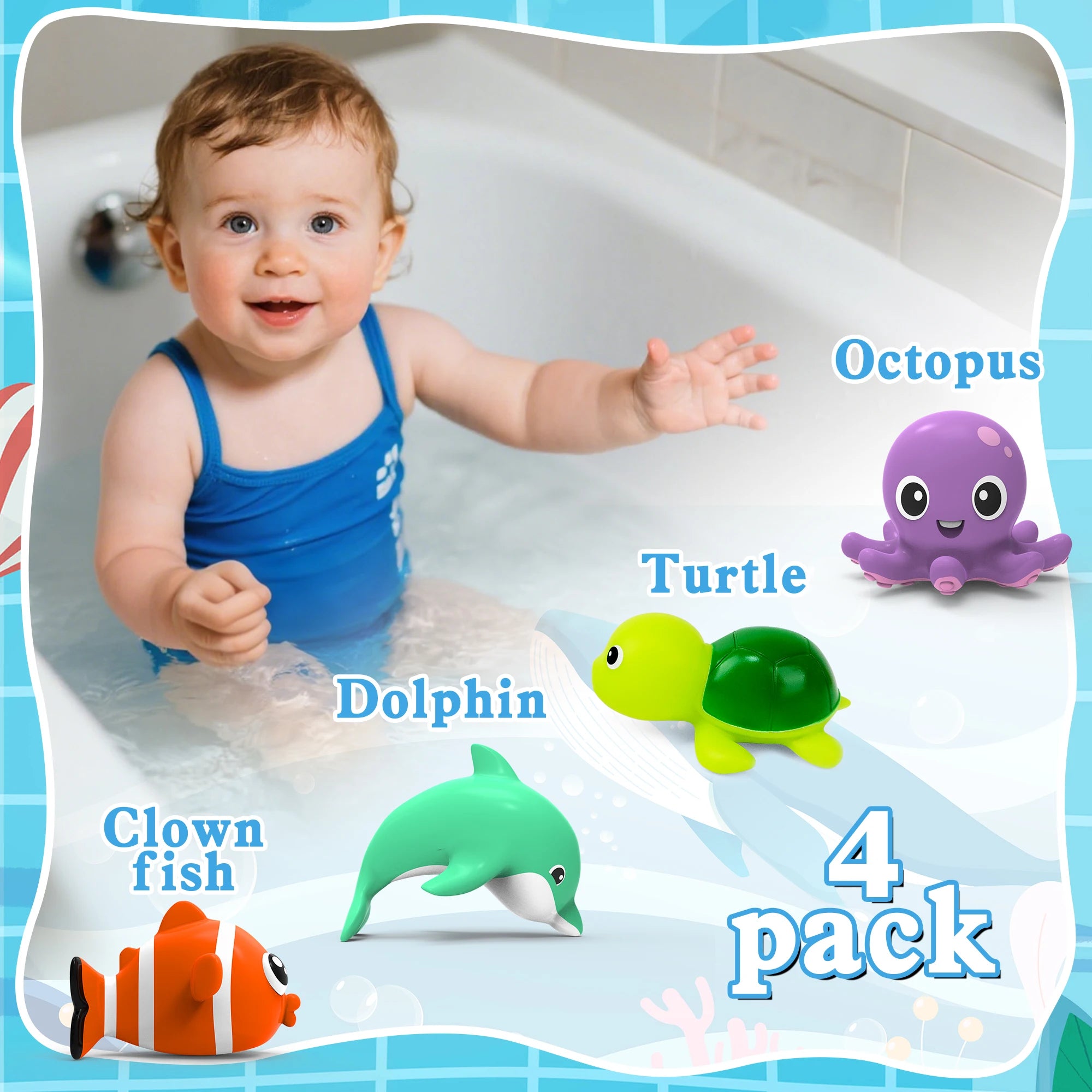 Baby Bubble sea animal bath toy set with 8 mould-resistant water toys featuring colorful marine creatures.