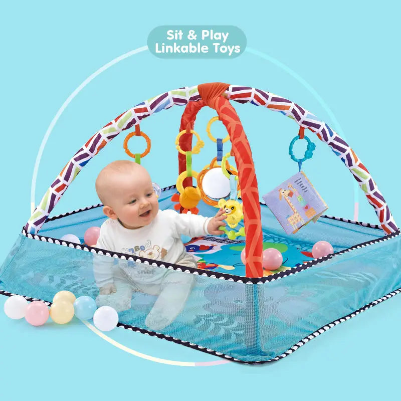 Baby Bubble baby activity gym mat with colorful toys for multi-sensory play and crawling development on soft, cushioned surface.
