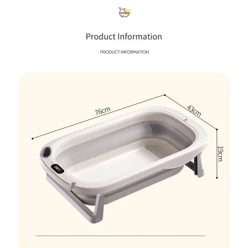 Foldable Baby Bubble baby bath tub with temperature sensor, shown folded with soft padding and adjustable features for safe bathing.