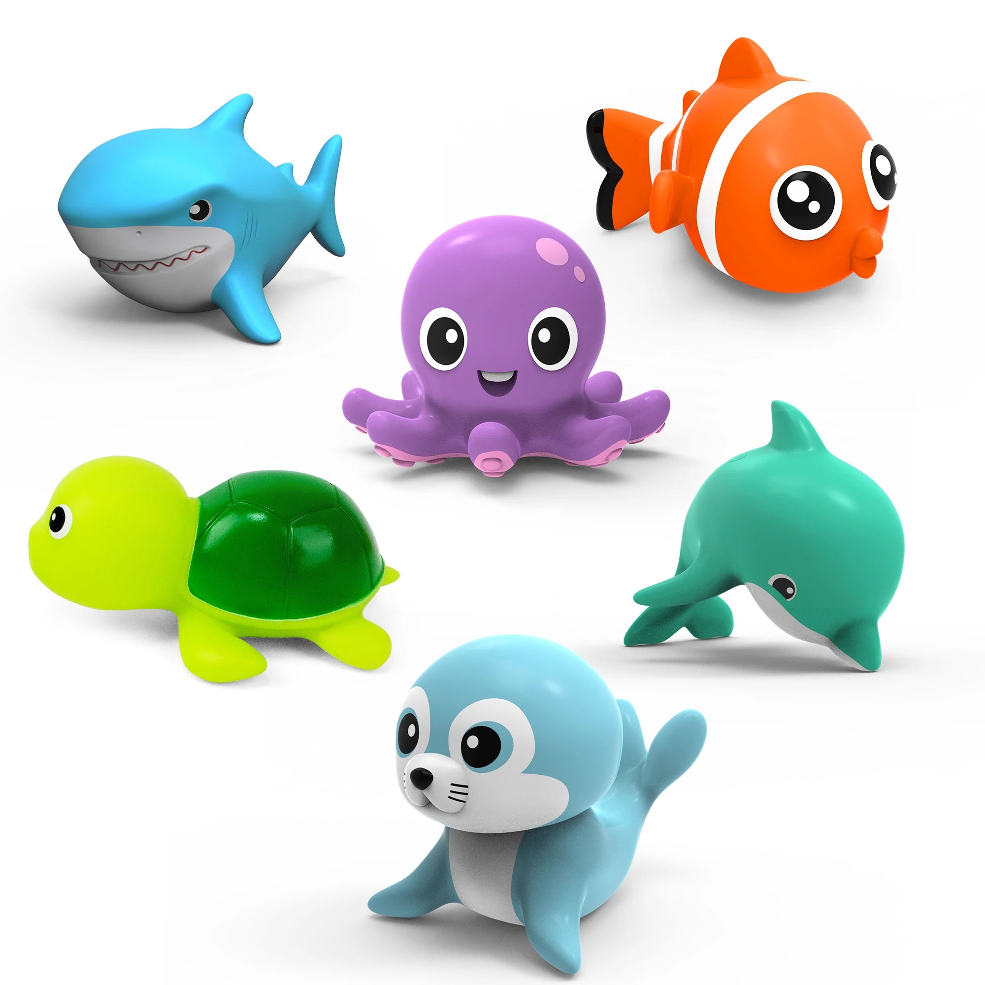 Baby Bubble sea animal bath toy set with 8 mould-resistant water toys, featuring colorful sea creatures for bath time fun.