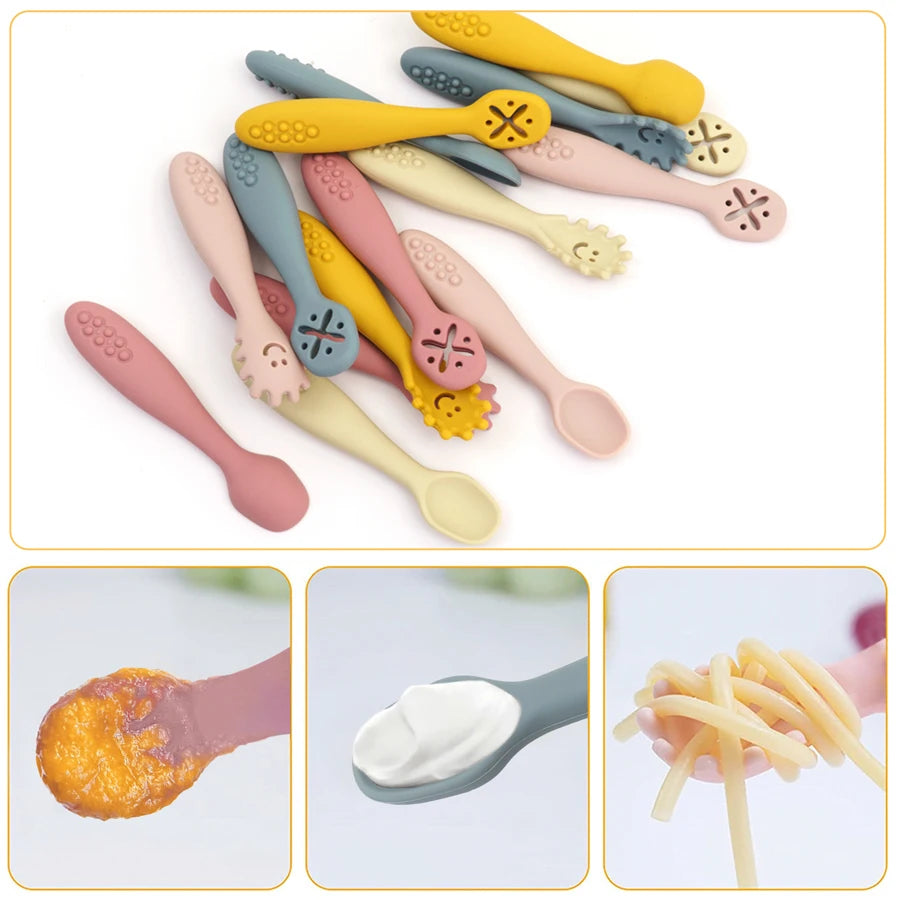 Baby Bubble silicone spoon set for safe feeding and weaning, featuring three cute baby learning spoons in beach sand color.