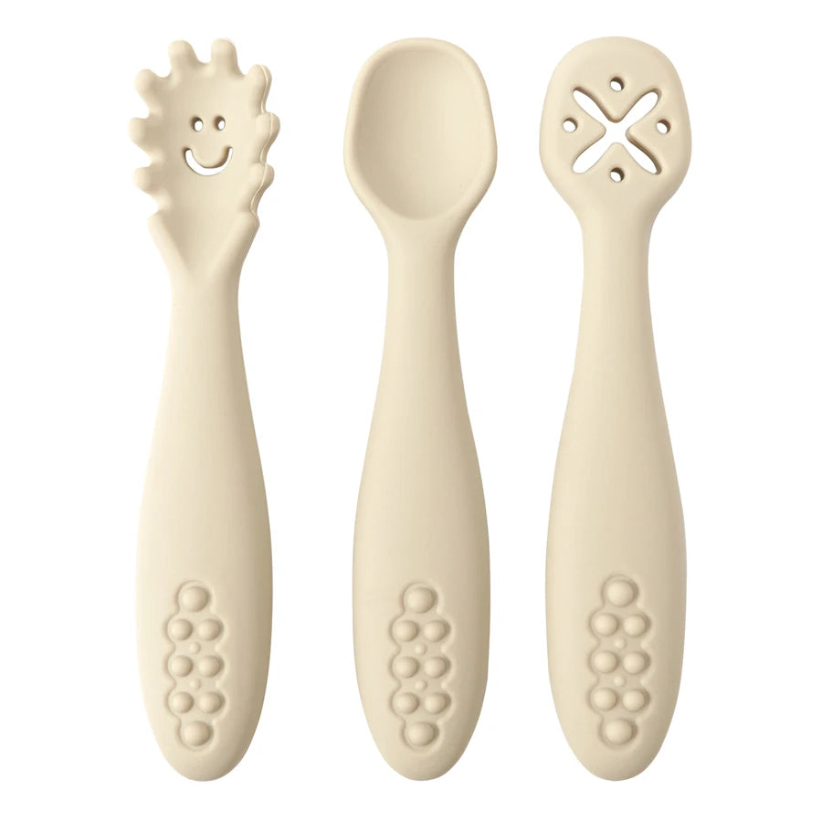 Baby Bubble silicone spoon set with three colorful baby spoons for safe feeding and weaning, ideal for toddlers and newborns.