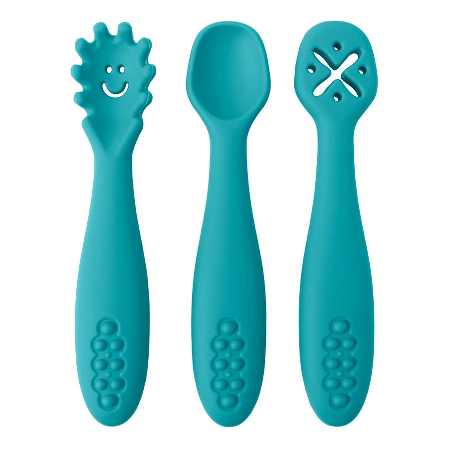 Baby Bubble silicone spoon set with three colorful toddler-friendly spoons for safe feeding and weaning.