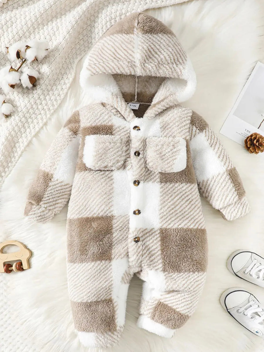 Baby Plaid Fluffy Fleece Long - sleeve Romper - Baby Bubble