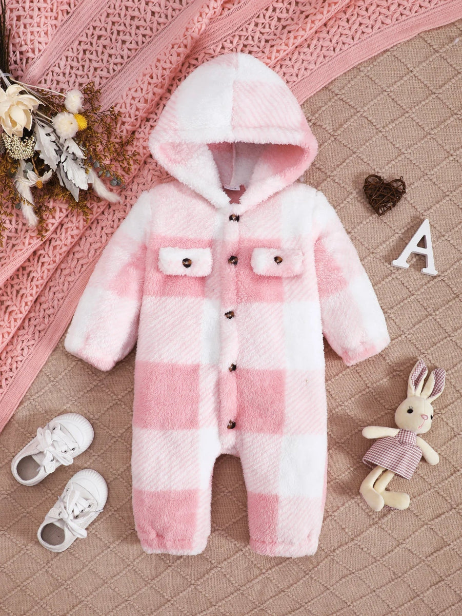 Baby Plaid Fluffy Fleece Long - sleeve Romper - Baby Bubble
