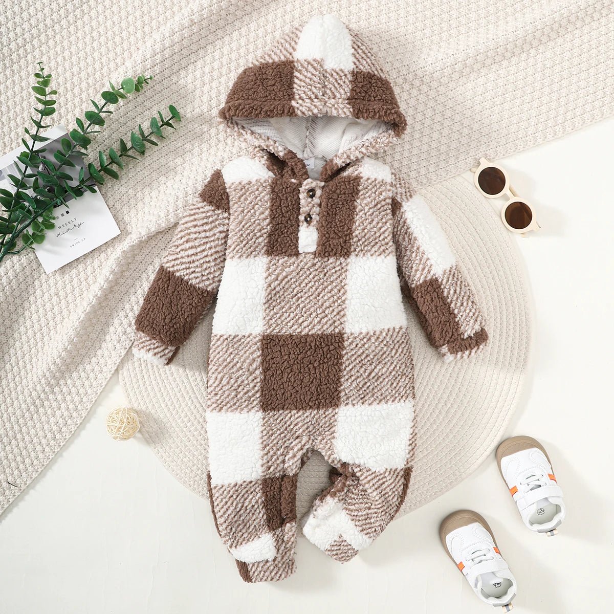 Baby Plaid Fluffy Fleece Long - sleeve Romper - Baby Bubble