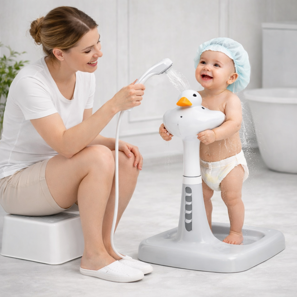 Baby Bubble baby standing bath support with adjustable design, soft padding, and secure grip for comfortable bathing.