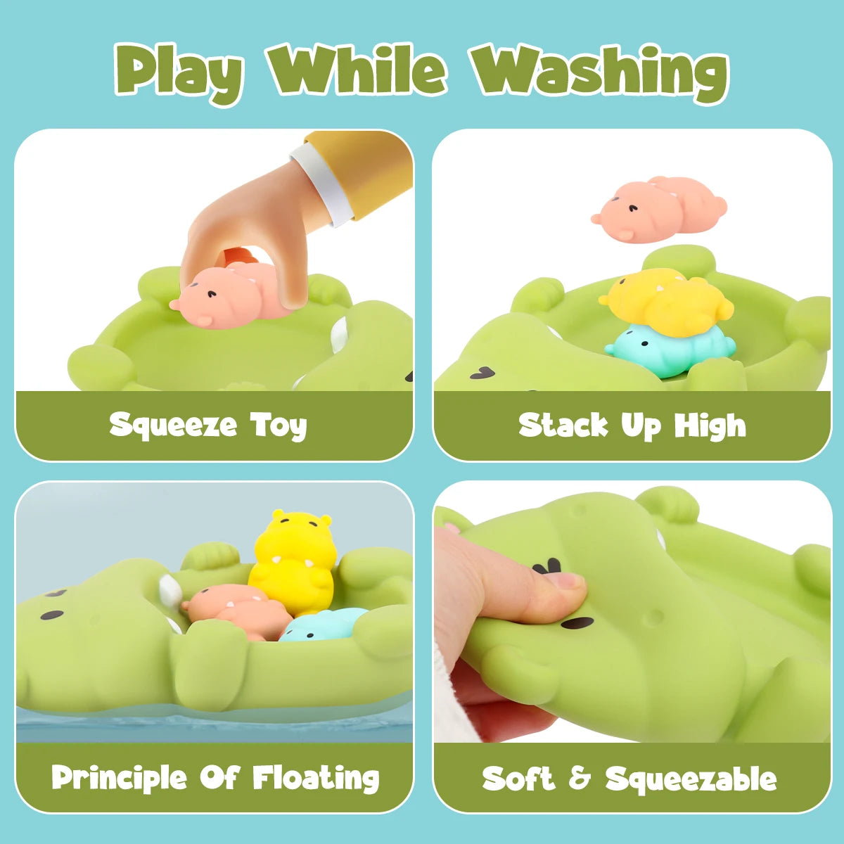 Baby Bubble floating bath animal toys set with colorful rubber animals for water play in a baby bathtub.