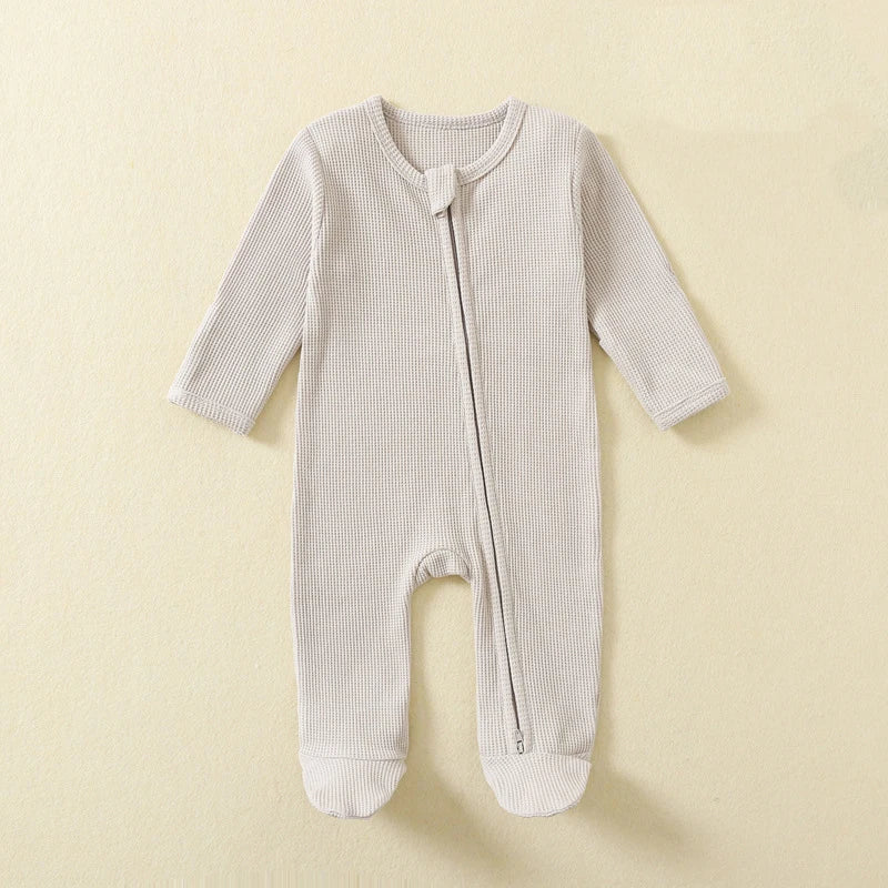 Baby Bubble organic cotton baby romper with long sleeves, zipper closure, footed design, waffle fabric for infants boys and girls.