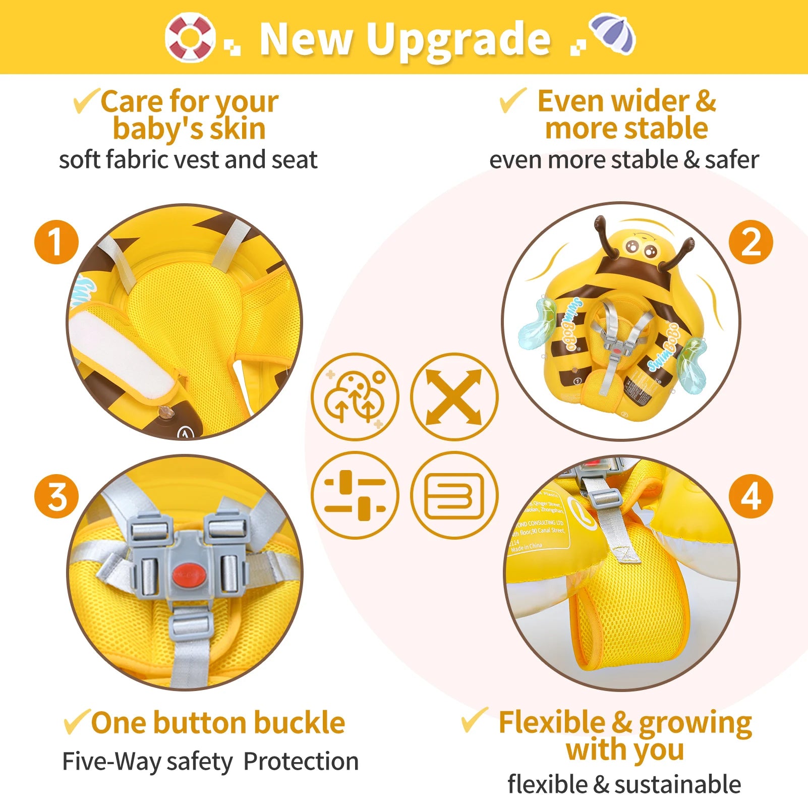 Baby Bee Float Ring inflatable mesh safety seat with bright colors and adjustable straps, designed for infant water flotation.