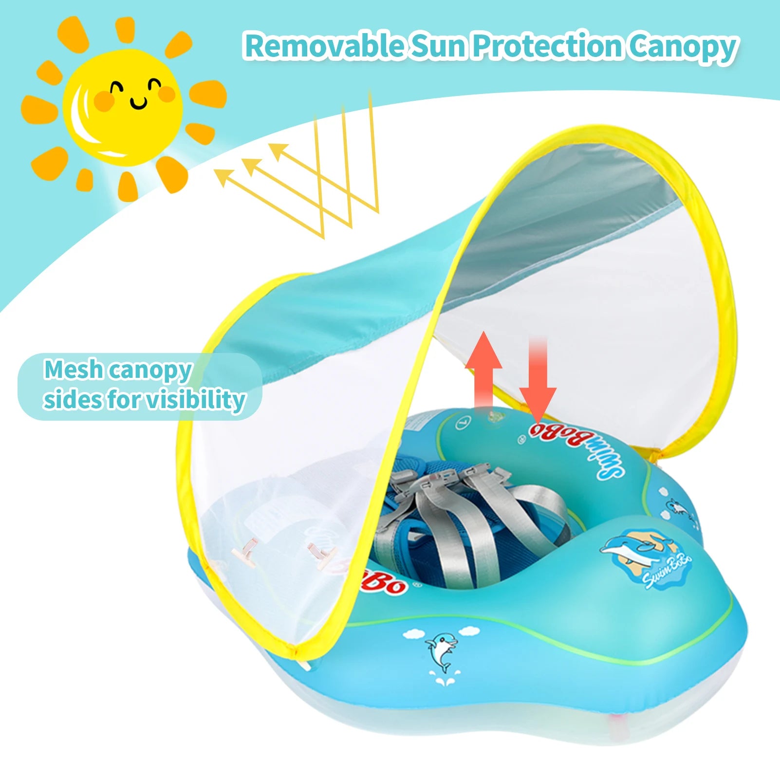Baby Bubble baby float ring with UV sun protection canopy, featuring a comfortable, colorful design for safe water play.