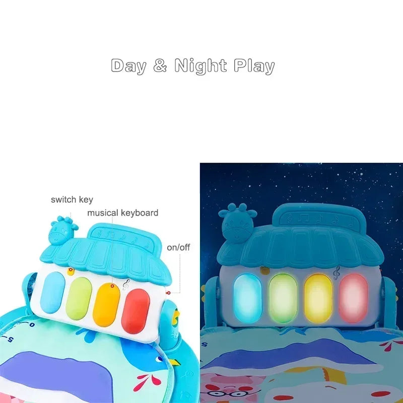 Baby Bubble baby piano gym play mat with colorful musical toys for crawling and kicking, designed to encourage early sensory development.